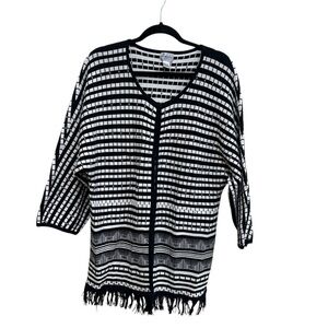 Chico's Black and White Geometric Patterned Cardigan with Fringe Hem Size 2